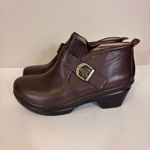 Sanita Brown Leather Buckle Side Slip On Low Ankle Heel Booties 9.5-10